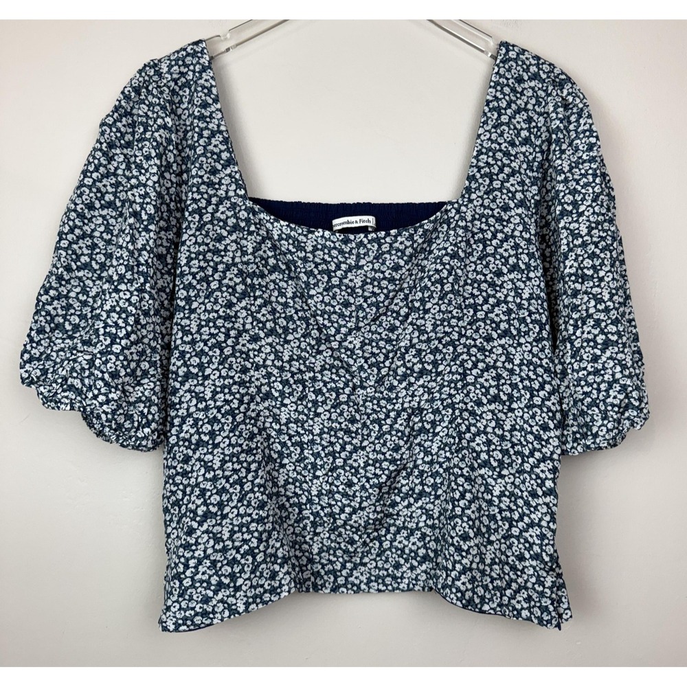 Abercrombie & Fitch‎ Blouse Womens XL Blue Floral Smocked Puff Sleeve Cropped